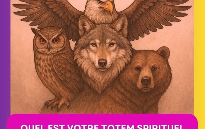 Illustration de plusieurs animaux totems spirituels – hibou, loup, ours et aigle – représentant les guides spirituels selon la date de naissance, image du blog Infinita Corse Voyance de Sophie Vitali.