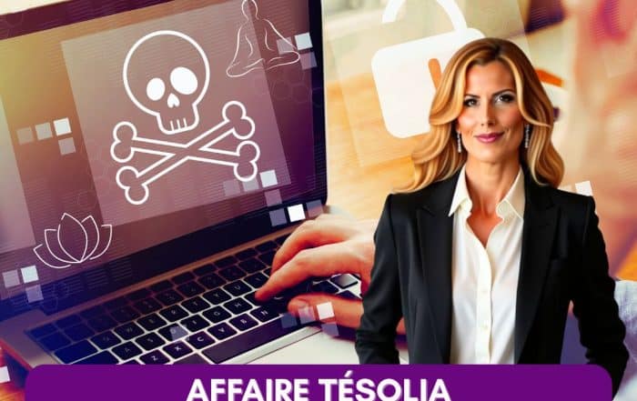 Sophie Vitali, médium et présidente de l’UPAD, illustrant l’article sur l’affaire Tésolia. L’image montre un ordinateur portable avec un symbole de danger pour représenter les dérives de la formation “Accélérateur de Cabinet” vendue depuis Dubaï.