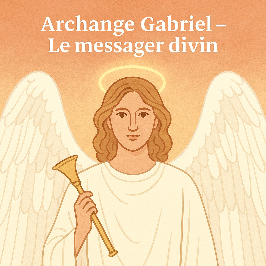 Illustration carrée de l’archange Gabriel avec trompette et lumière blanche, symbole de guidance spirituelle