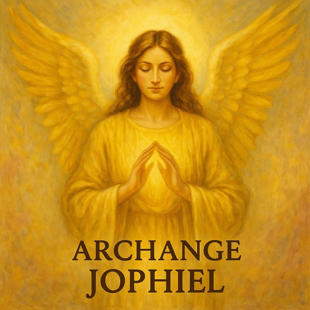 Illustration lumineuse de l’archange Jophiel dans une aura dorée, symbolisant la beauté divine