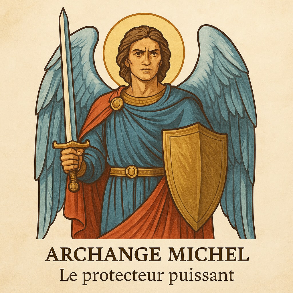 Illustration de l’archange Michel avec lumière bleue et armure céleste, symbole de protection divine