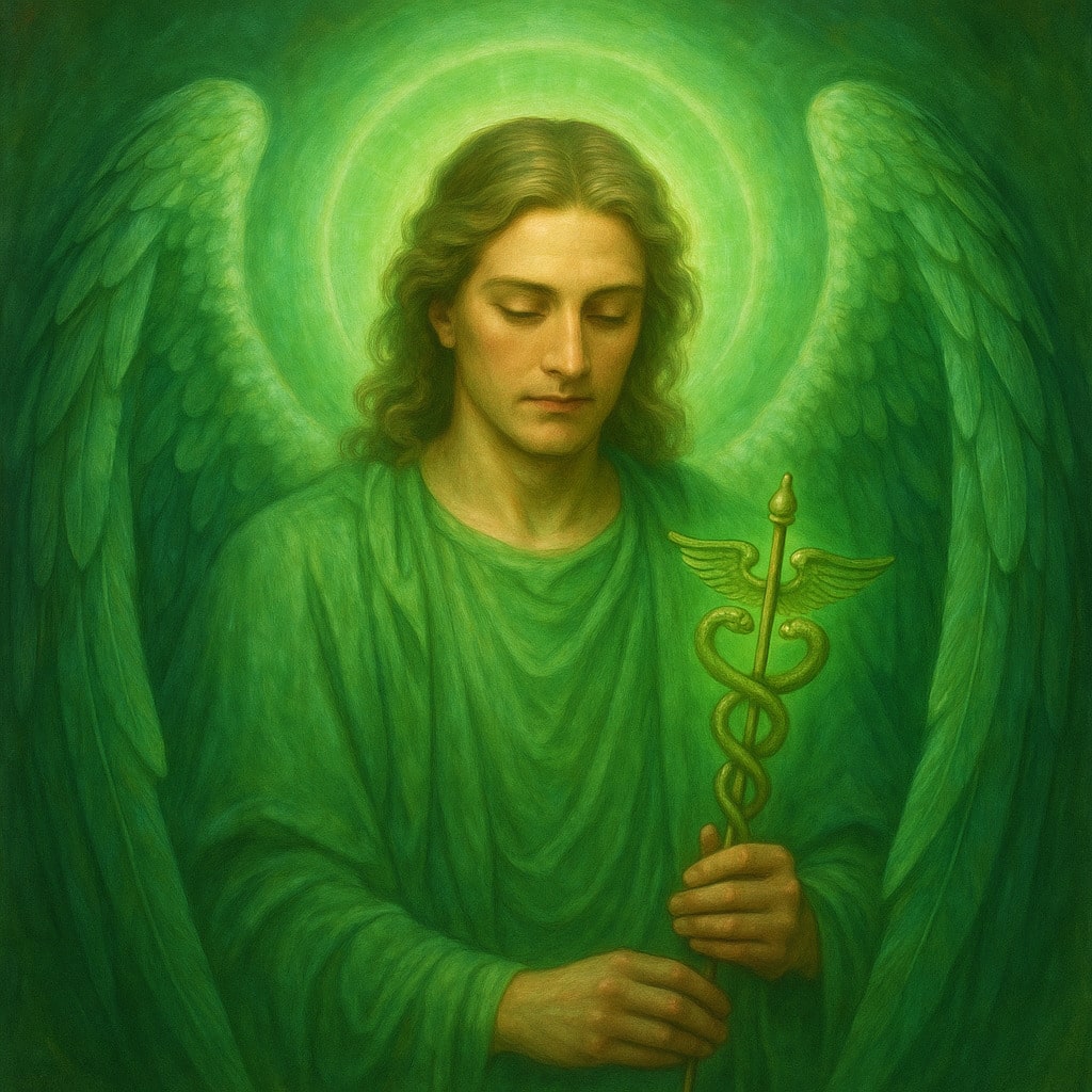 Illustration digitale de l’archange Raphaël entouré de lumière verte, symbole de guérison et de bien-être