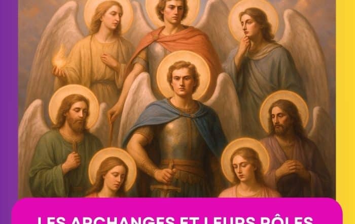 Illustration lumineuse représentant les 7 archanges avec auréoles dorées, utilisée sur le blog de Sophie Vitali, médium et fondatrice d’Infinita Corse Voyance.