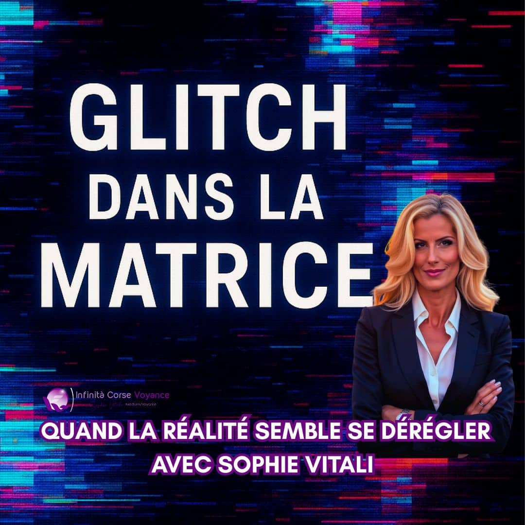 Illustration du thème “glitch dans la matrice” : réalité simulée et phénomènes inexpliqués, présentée par Sophie Vitali, Infinita Corse Voyance.