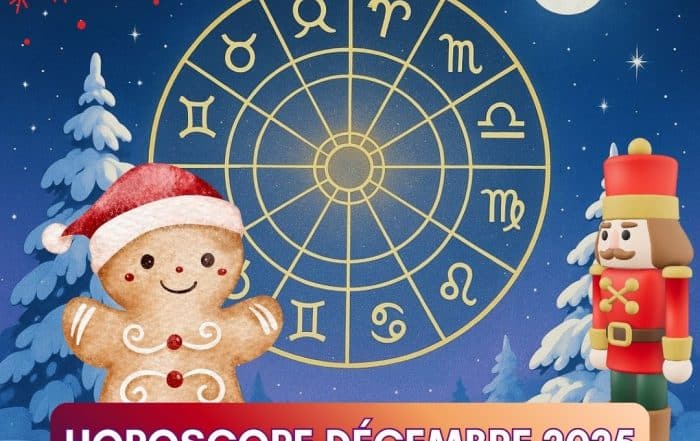 Illustration astrologique d’hiver représentant la roue du zodiaque et les 12 signes astrologiques pour l’horoscope de décembre 2025 gratuit et complet, publiée sur le blog d’astrologie de Sophie Vitali – Infinita Corse Voyance.