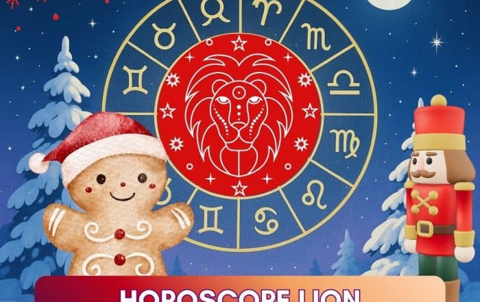 Visuel de l’horoscope du Lion décembre 2025 avec symboles astrologiques et décor hivernal