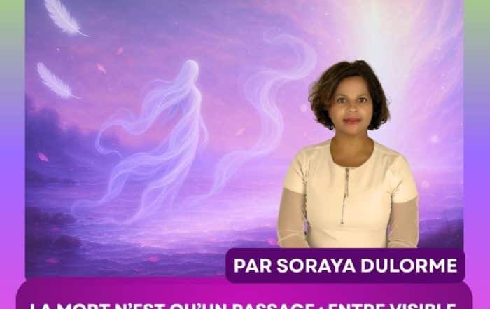 Soraya Dulorme devant une illustration spirituelle représentant une silhouette d’âme lumineuse dans l’au-delà, avec des plumes blanches et un ciel violet. Image de l’article "La mort n’est qu’un passage".