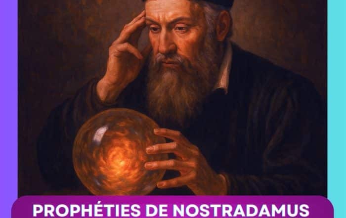 Portrait de Nostradamus consultant sa boule de cristal – interprétation des prophéties et prédictions pour 2026 selon les textes originaux de 1568