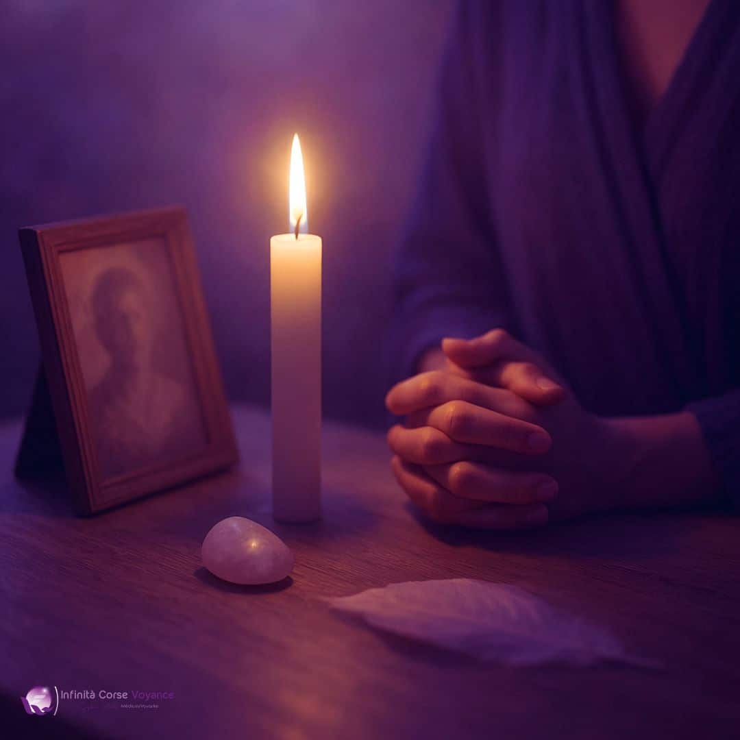 Rituel spirituel avec bougie blanche et lumière douce pour entrer en résonance avec l’âme d’un proche défunt, dans une atmosphère paisible aux couleurs rose, bleu et violet.
