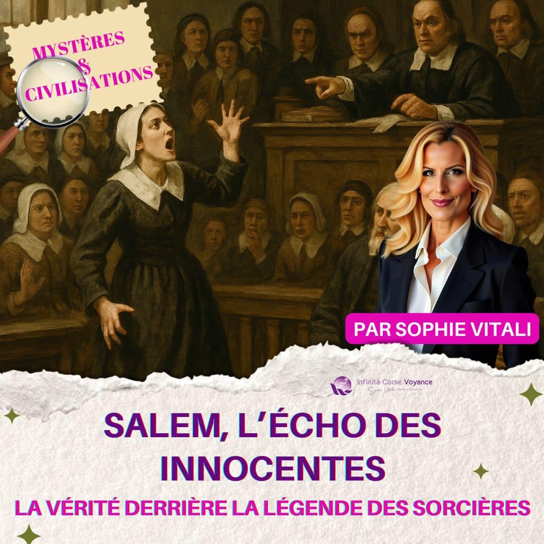 Illustration des procès des sorcières de Salem, représentant une femme accusée face aux juges puritains. Titre : “Salem, l’écho des innocentes – la vérité derrière la légende des sorcières” par Sophie Vitali, médium et auteure.
