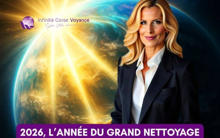 Image représentant la Terre illuminée par une lumière dorée symbolisant le grand nettoyage spirituel de 2026, avec Sophie Vitali, médium et fondatrice d’Infinita Corse Voyance.