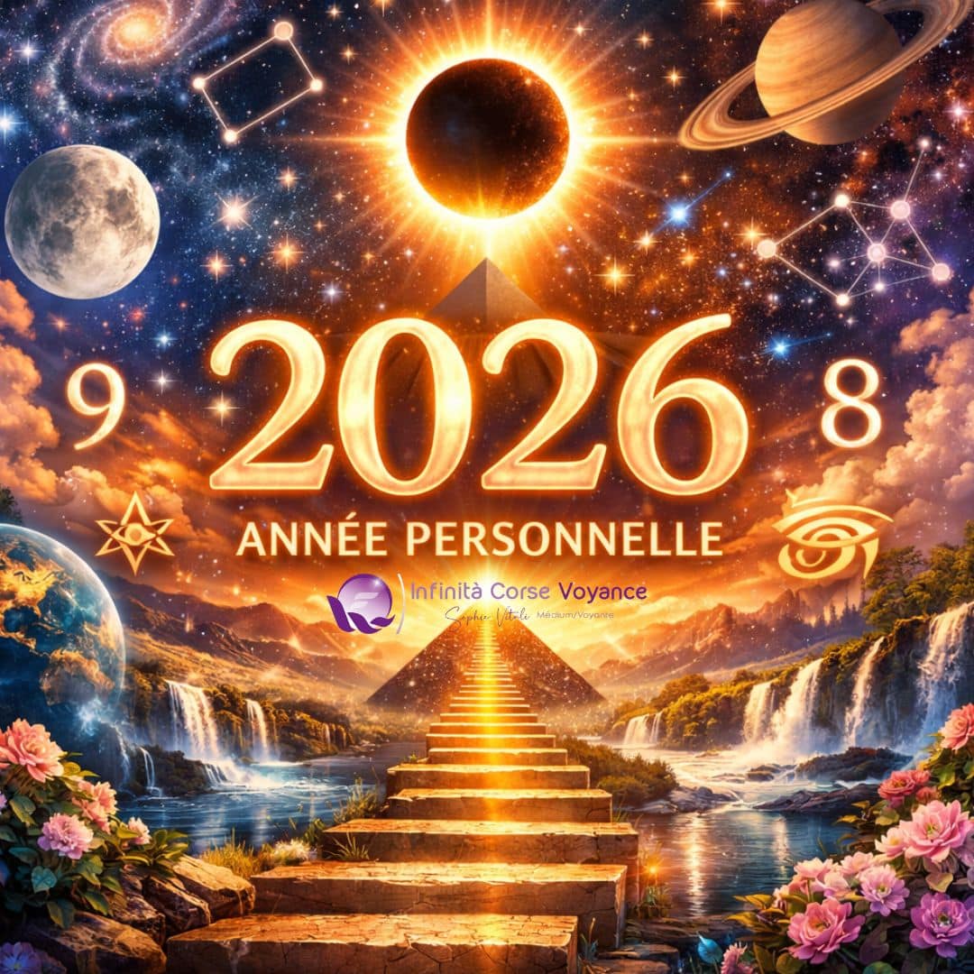 Illustration spirituelle de l’année personnelle 2026 selon la numérologie, représentant la vibration universelle 1, symbole de renouveau, d’énergie créatrice et d’alignement intérieur, présentée par Sophie Vitali sur Infinita Corse Voyance.