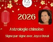 Visuel rouge de l’Astrologie Chinoise 2026 avec Joyce Duval sur Kurious Anima – prédictions signe par signe pour l’année du Cheval de Feu