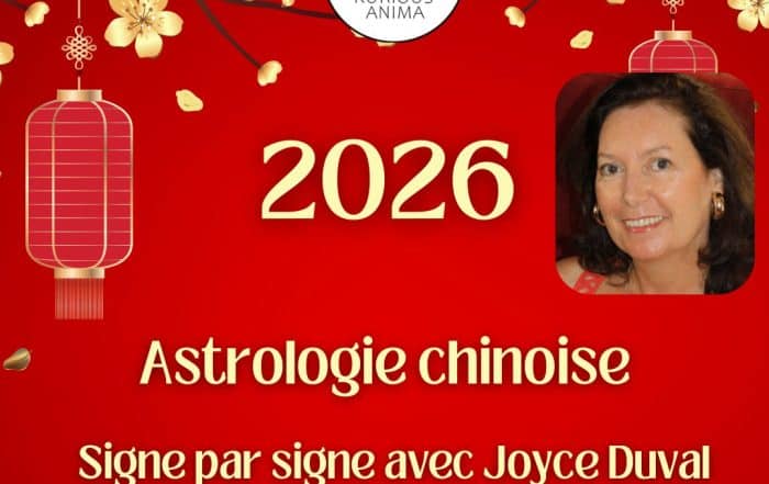 Visuel rouge de l’Astrologie Chinoise 2026 avec Joyce Duval sur Kurious Anima – prédictions signe par signe pour l’année du Cheval de Feu