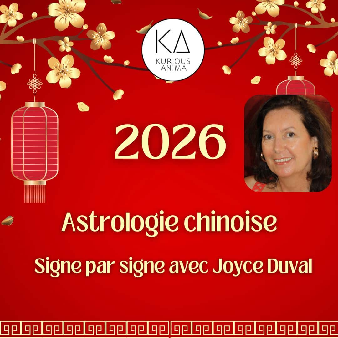 Visuel rouge de l’Astrologie Chinoise 2026 avec Joyce Duval sur Kurious Anima – prédictions signe par signe pour l’année du Cheval de Feu