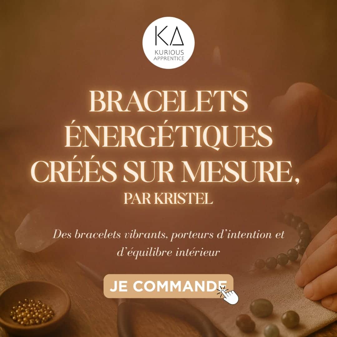 Visuel promotionnel des bracelets énergétiques sur mesure créés par Kristel pour Kurious Apprentice, avec pierres naturelles, intentions et équilibre intérieur