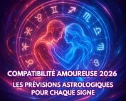 Homme et femme entourés des signes du zodiaque, symbolisant la compatibilité amoureuse en 2026 dans des tons bleus, violets et roses