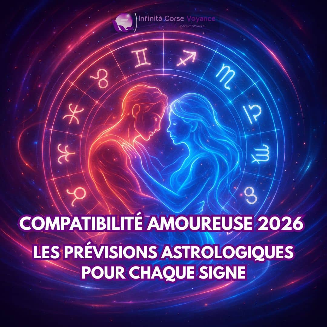 Homme et femme entourés des signes du zodiaque, symbolisant la compatibilité amoureuse en 2026 dans des tons bleus, violets et roses