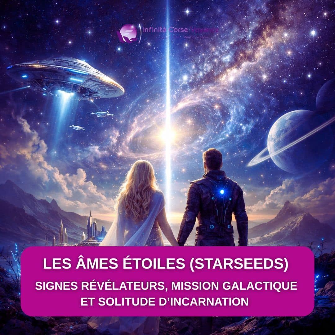 Illustration spirituelle représentant deux âmes étoiles regardant les étoiles, symbolisant leur mission galactique, les signes de leur éveil et la solitude d’incarnation