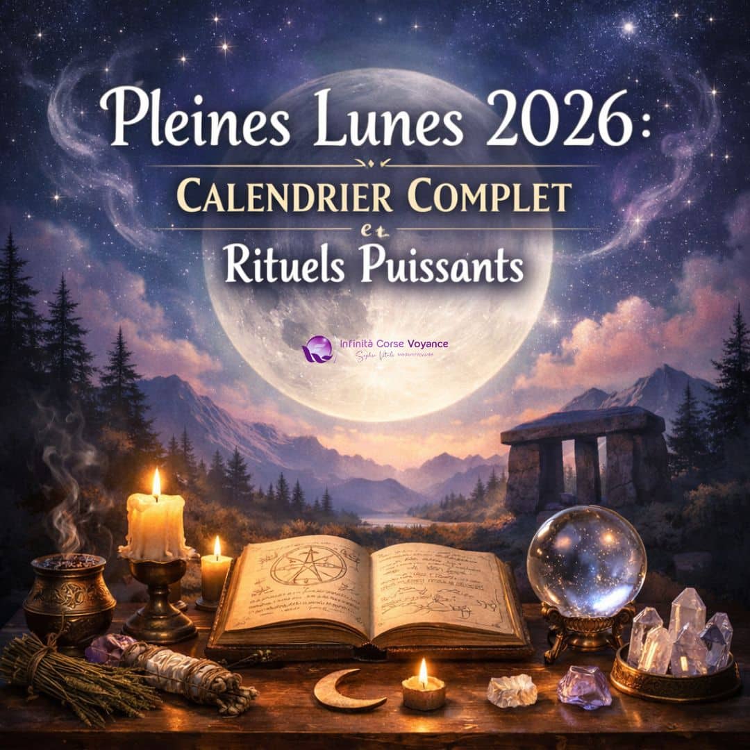 Illustration mystique représentant la pleine lune 2026, un livre de rituels, des cristaux et des bougies, symbolisant le calendrier complet et les rituels lunaires proposés par Infinita Corse Voyance.