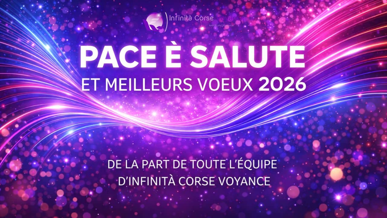 Carte de vœux 2026 Infinità Corse Voyance avec le message Pace è Salute et meilleurs vœux, design moderne aux tons rose, bleu et violet, cabinet de Sophie Vitali.
