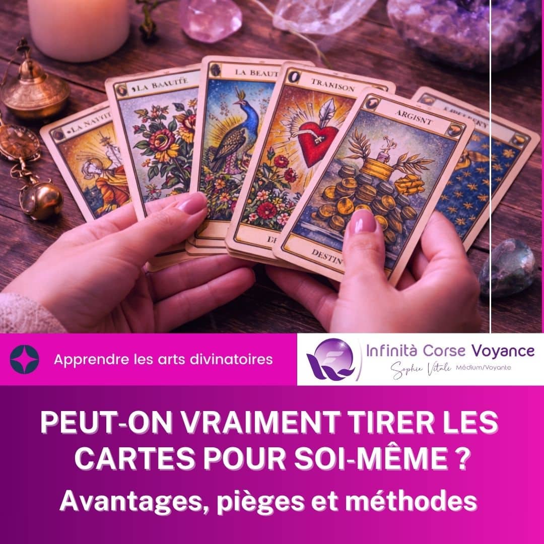 Main féminine effectuant un tirage personnel avec les cartes de l’Oracle de Belline, entourée de cristaux, d’un pendule et d’une lumière douce, symbole de guidance intuitive et d’introspection spirituelle.