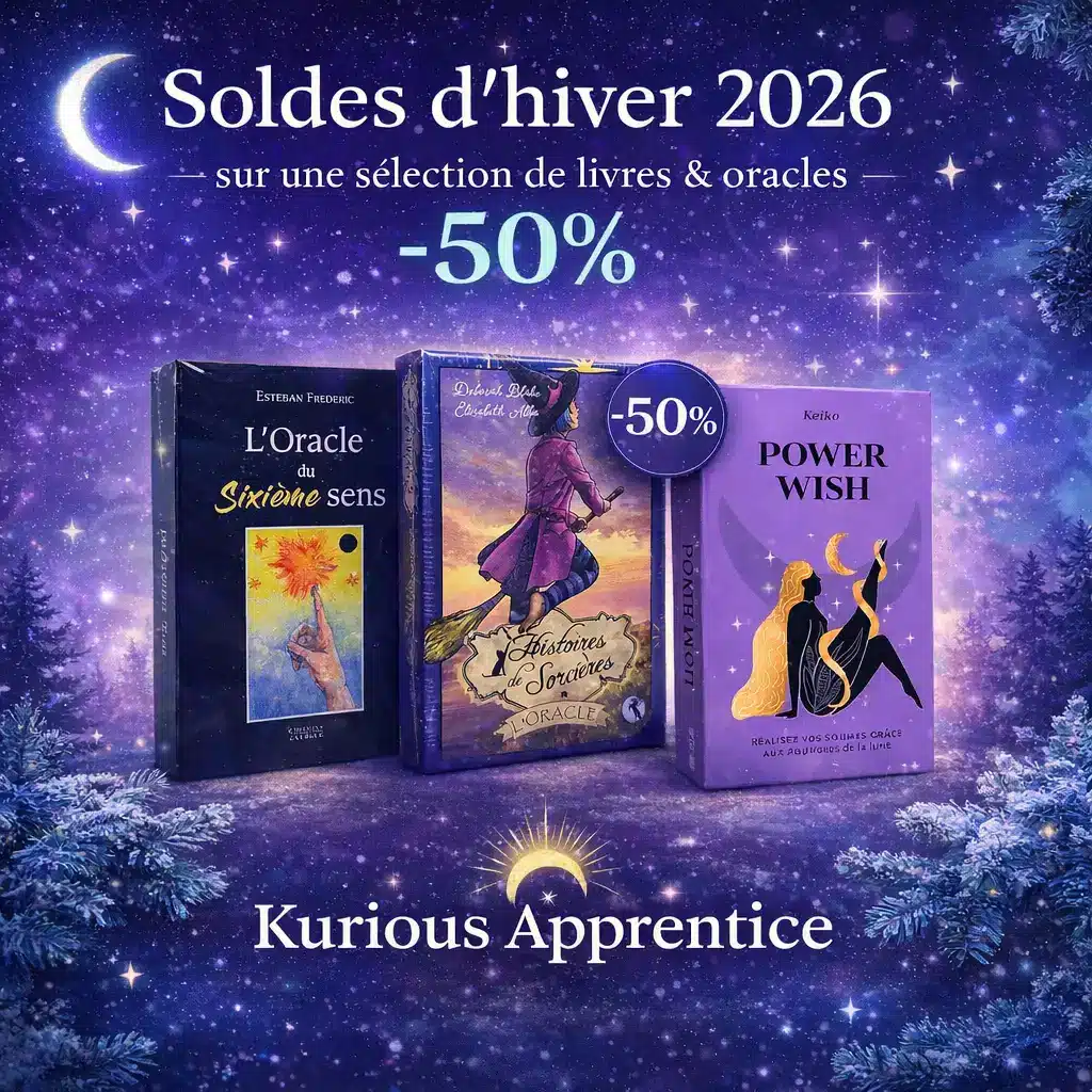 Image des soldes d’hiver 2026 sur la boutique Kurious Apprentice avec une sélection de livres ésotériques et d’oracles divinatoires à -50 %, dans une ambiance hivernale et mystique