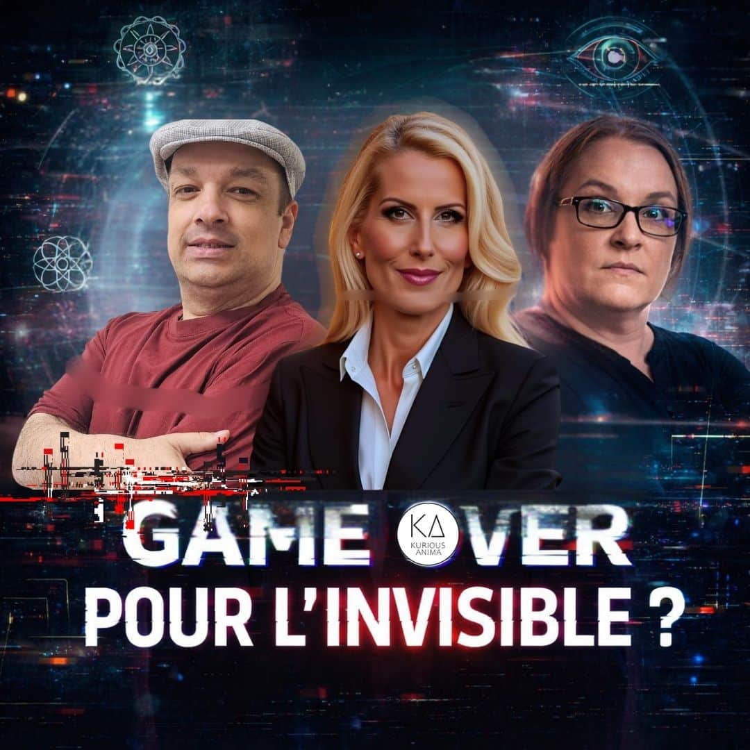 Affiche de l’émission Game Over pour l’Invisible avec Sophie Vitali, Didier Santiago et Gwenael Letourneur, débat sur la fin de la voyance, l’IA et la spiritualité moderne