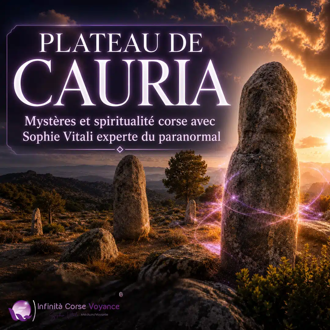 Menhirs du plateau de Cauria en Corse au coucher du soleil, site mégalithique lié aux mystères et à la spiritualité selon Sophie Vitali