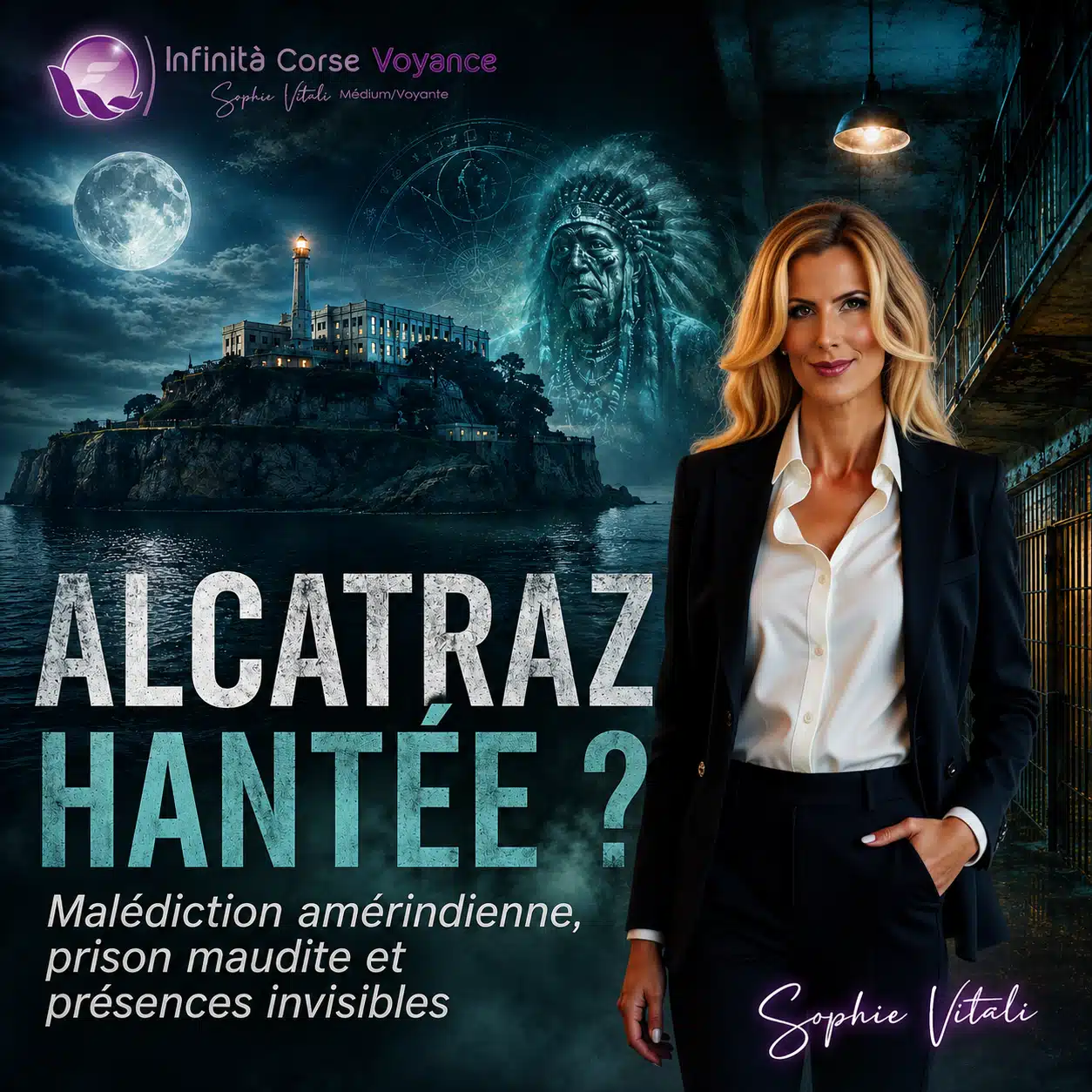 Illustration d’Alcatraz hantée avec l’ancienne prison, la baie de San Francisco, une présence spirituelle amérindienne et une médium au premier plan