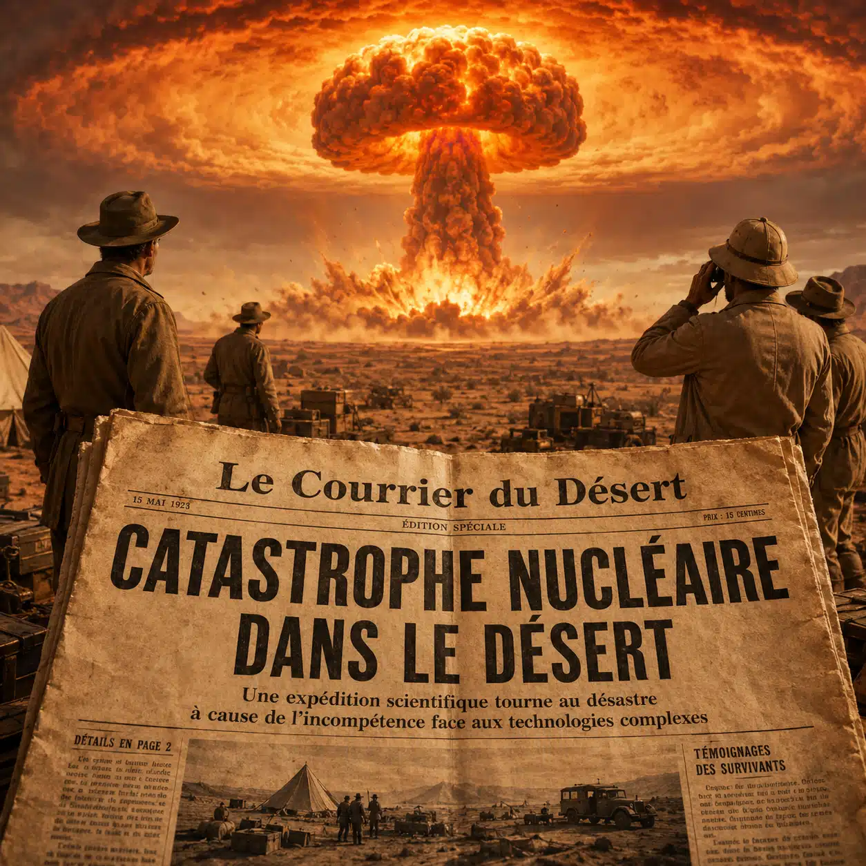 Une de journal ancien annonçant une catastrophe nucléaire dans le désert, illustrant l’effet Dunning-Kruger et les dangers de la pseudo-expertise.