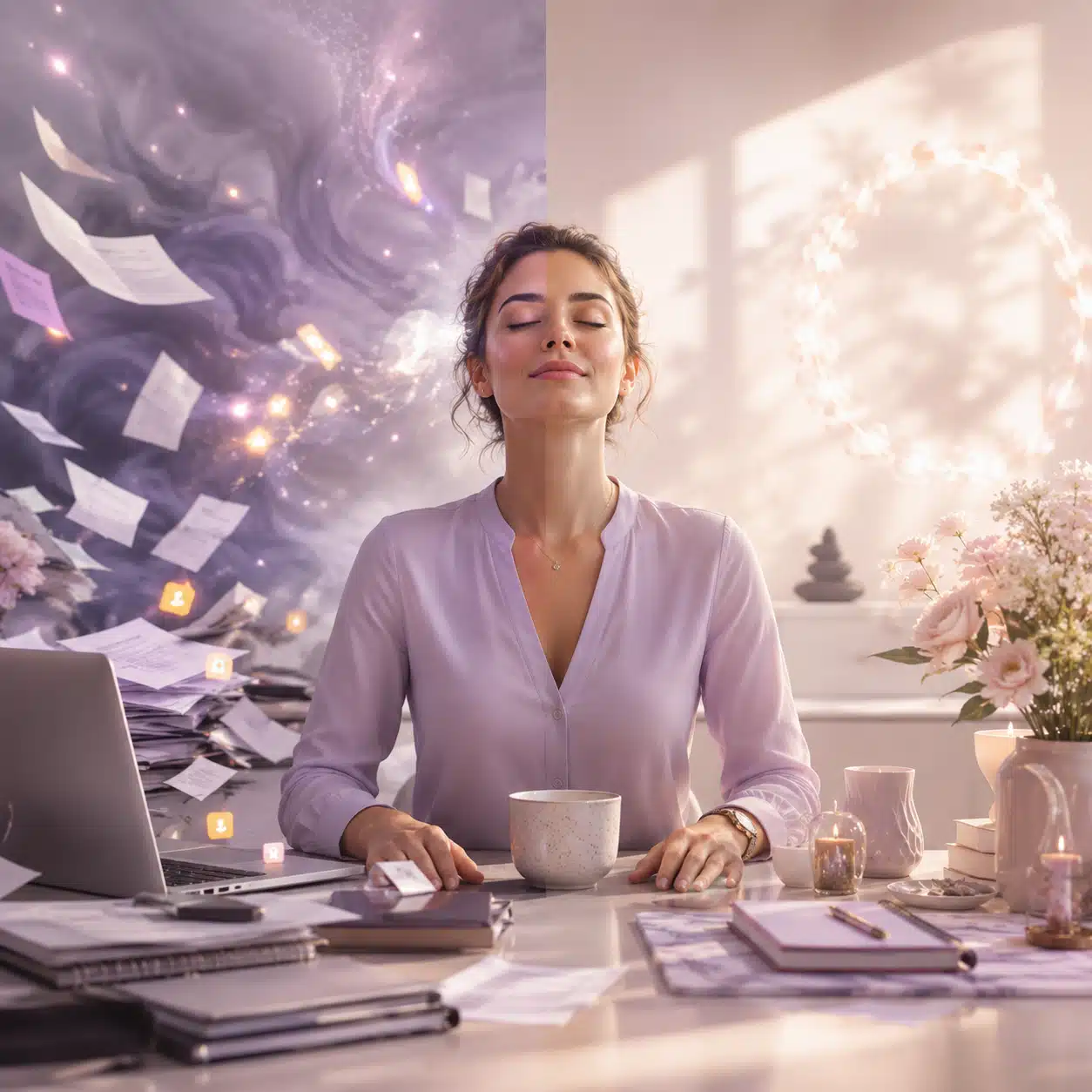 Illustration du lâcher-prise au travail montrant une femme apaisée dans un bureau, symbole de sérénité et d’équilibre professionnel face au syndrome de l’imposteur