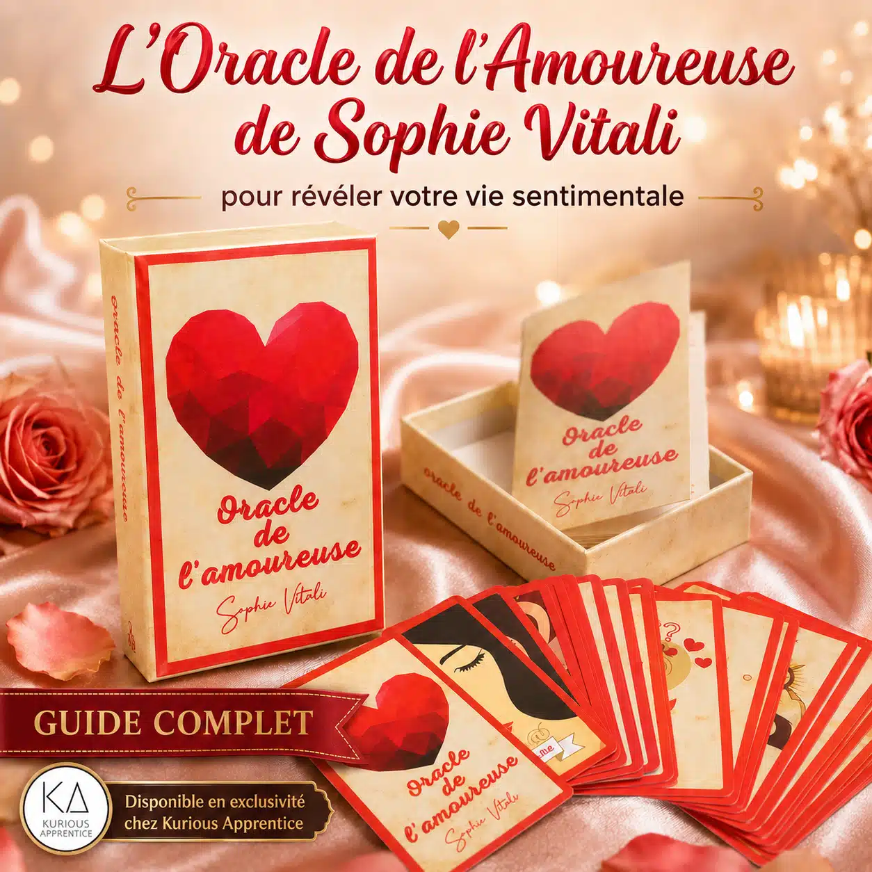 Coffret de L’Oracle de l’Amoureuse de Sophie Vitali avec livret, cartes divinatoires et logo Kurious Apprentice, revendeur officiel exclusif.