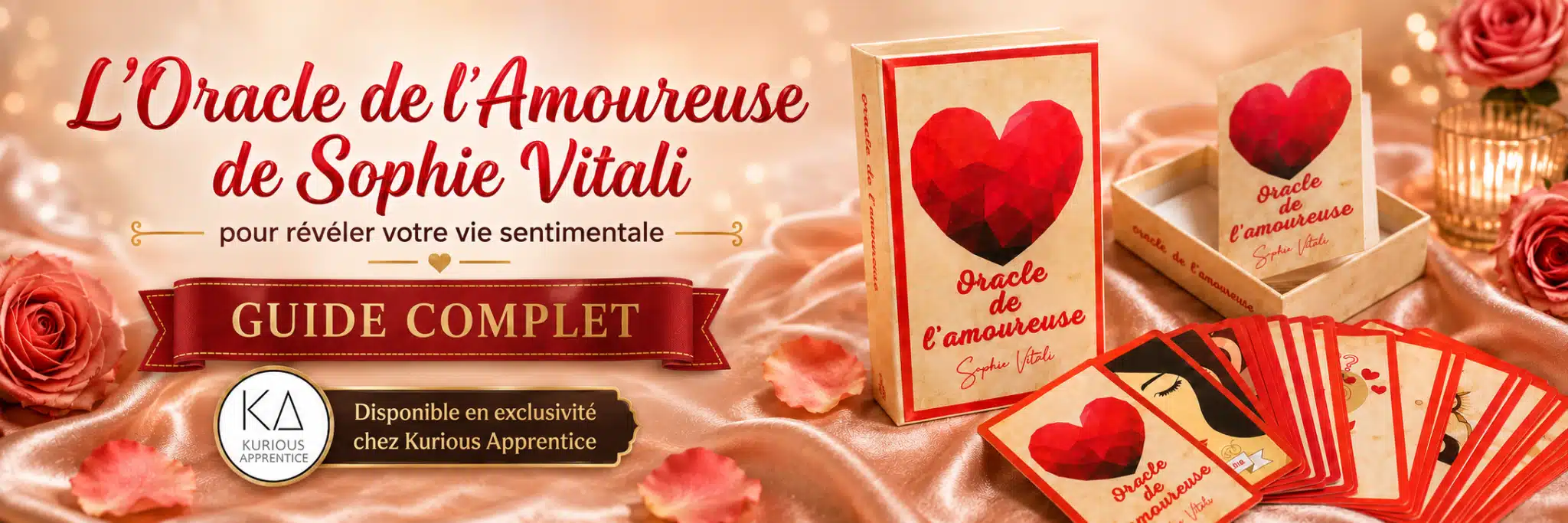 Bannière de L’Oracle de l’Amoureuse de Sophie Vitali avec coffret, livret et cartes divinatoires, disponible en exclusivité chez Kurious Apprentice.