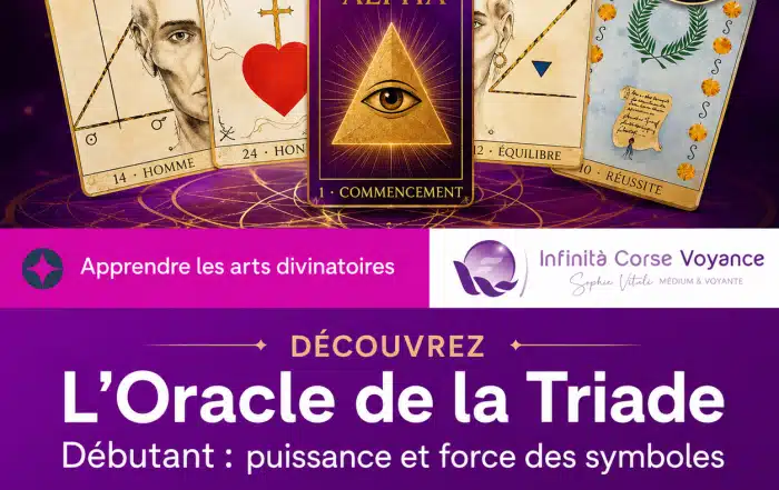 Illustration moderne de l’Oracle de la Triade débutant avec cartes divinatoires, symbole Alpha, méthodes de tirages et significations par Sophie Vitali