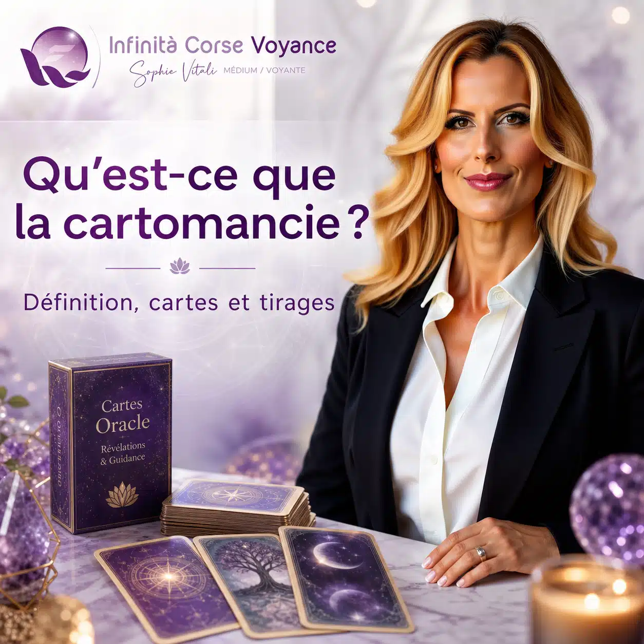 Qu’est-ce que la cartomancie avec Sophie Vitali, cartes divinatoires et logo Infinità Corse Voyance