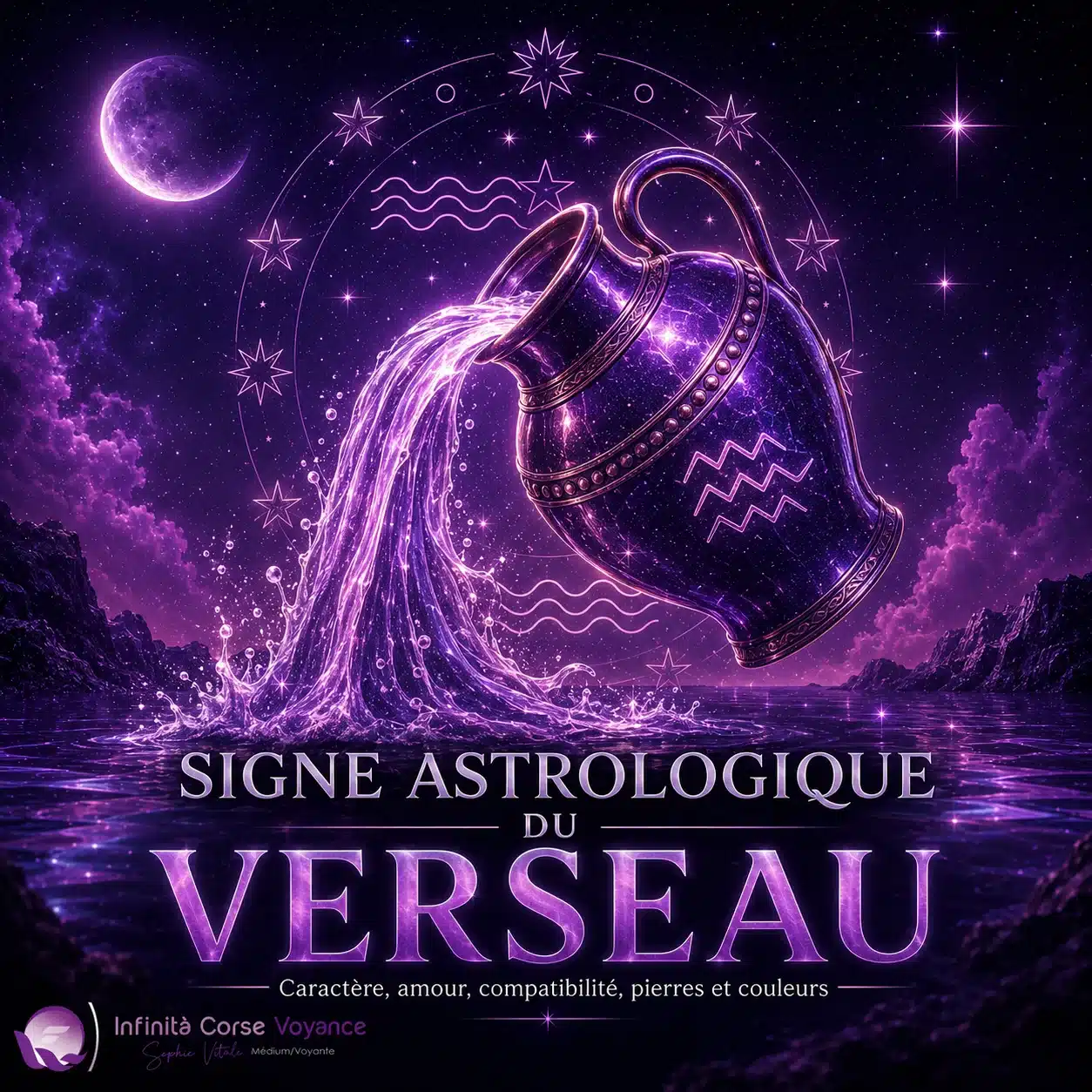 Illustration 3D du signe astrologique du Verseau avec amphore cosmique, eau lumineuse, symbole du Verseau, étoiles et univers violet pour un guide sur le caractère, l’amour, la compatibilité, les pierres et les couleurs.