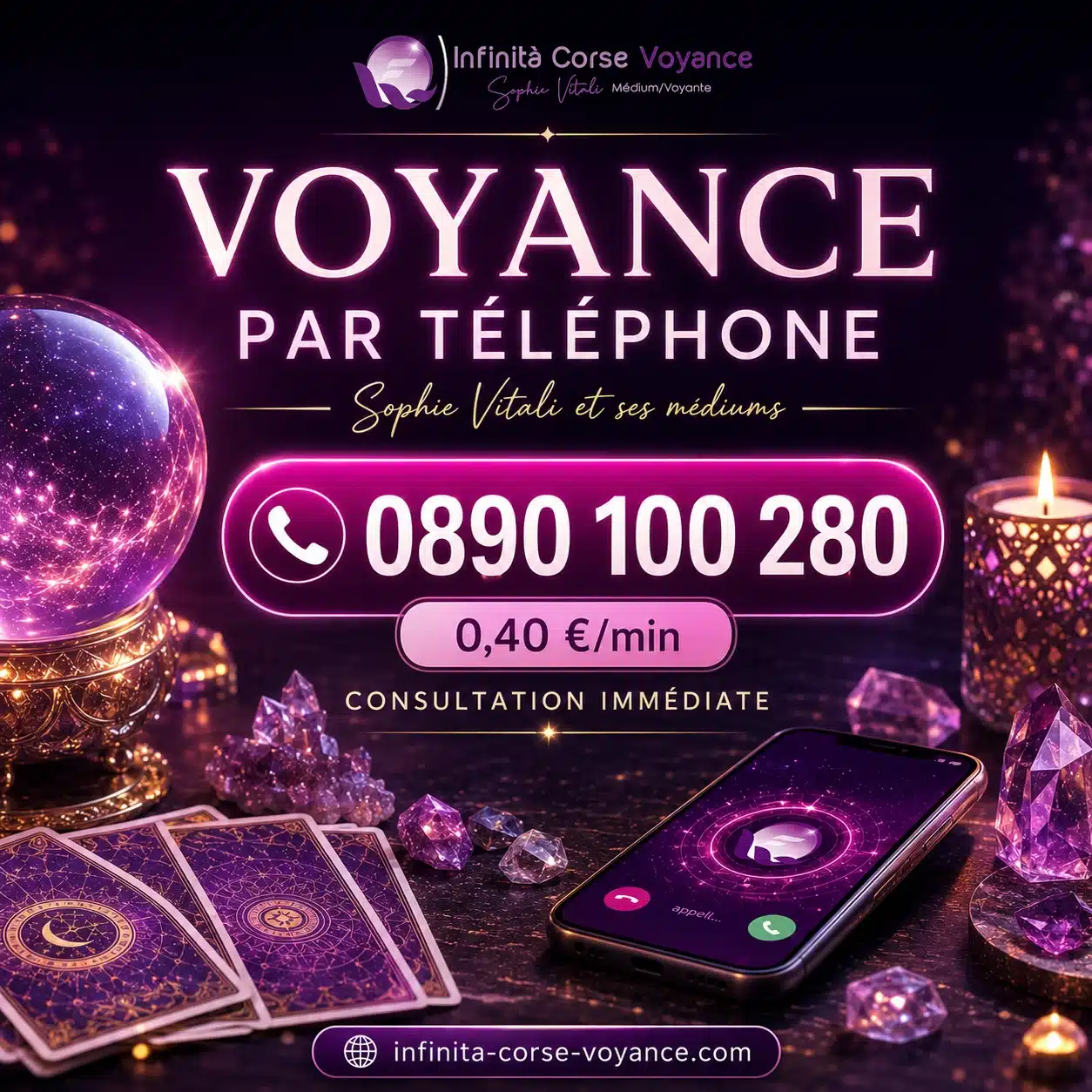 Site de voyance par audiotel avec Sophie Vitali, médium reconnue, et ses voyants, consultation par téléphone au 0890 100 280 à 0,40 € la minute