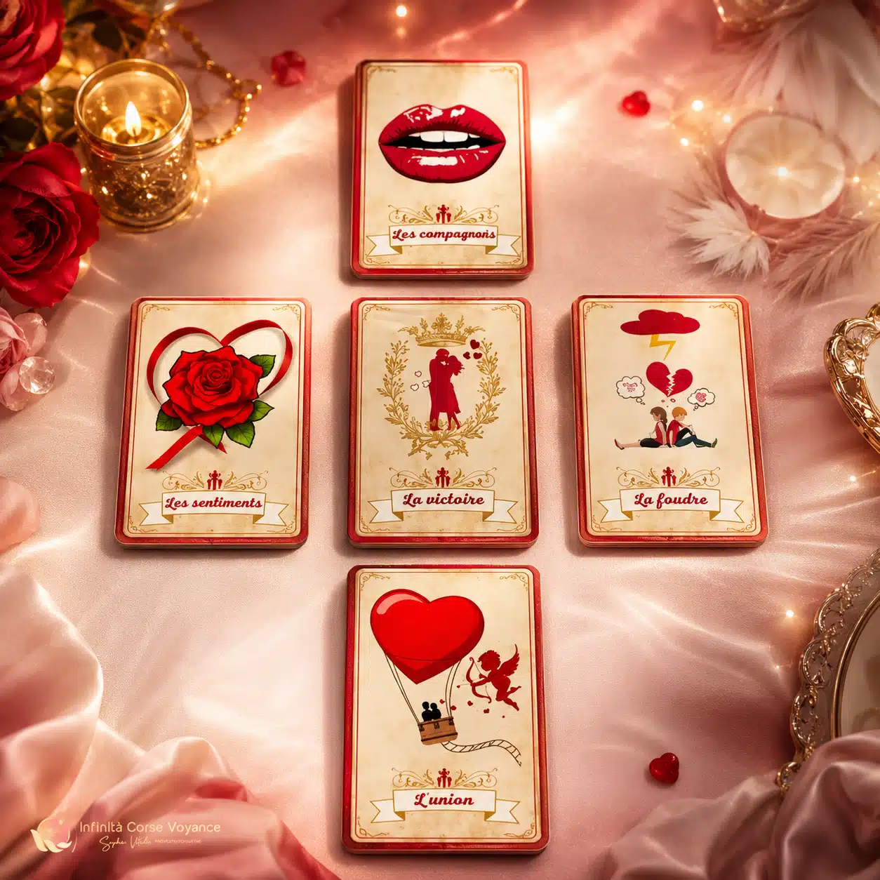 Tirage en croix avec L’Oracle de l’Amoureuse de Sophie Vitali comprenant les cartes Compromis, Les Sentiments, La Victoire, La Foudre et Union sur un tissu satiné avec roses et bougies.