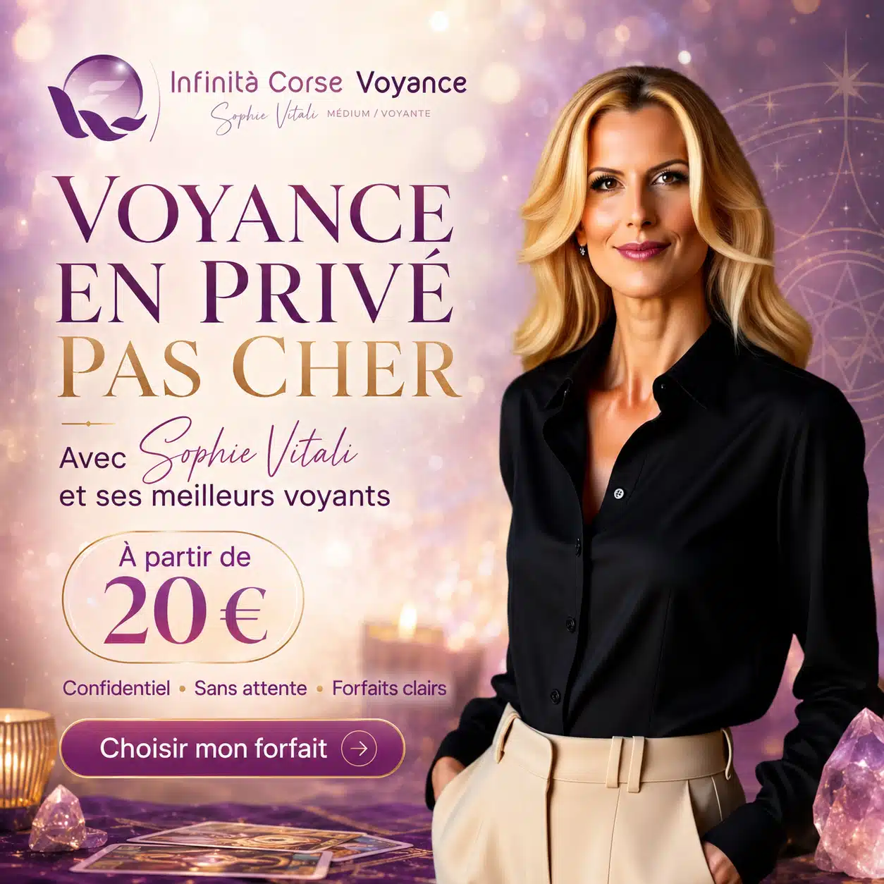 Image publicitaire pour la voyance en privé pas cher avec Sophie Vitali, forfaits à partir de 20 €, consultation confidentielle et sans attente.