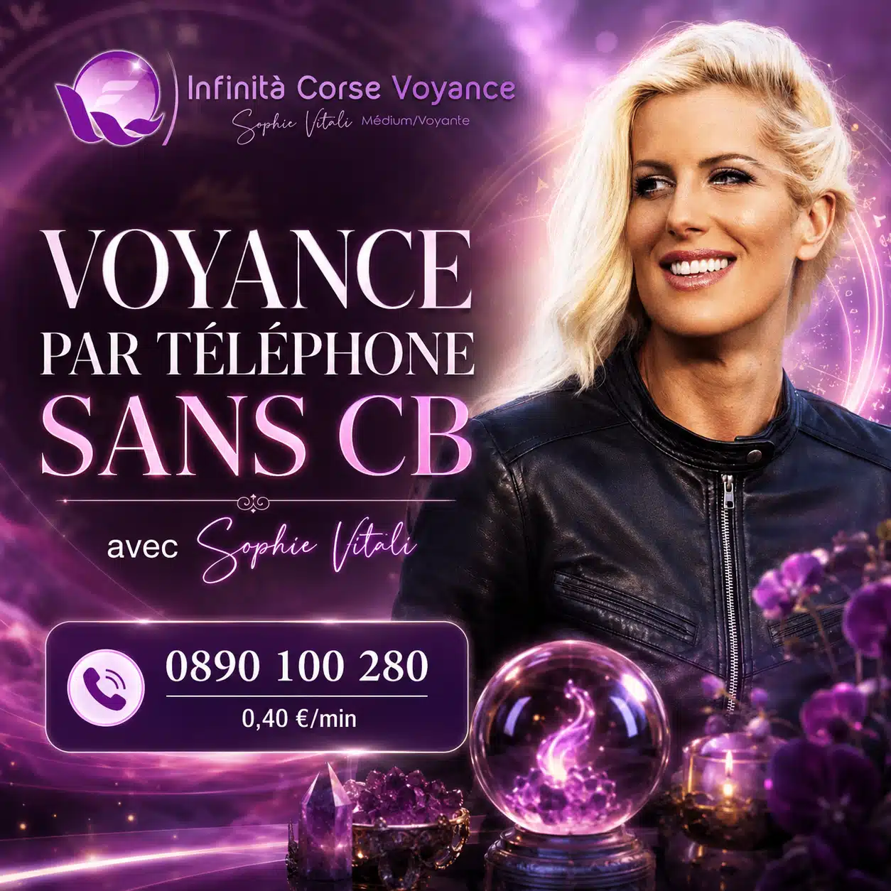 Voyance par téléphone sans CB avec Sophie Vitali, médium d’Infinità Corse Voyance, consultation audiotel au 0890 100 280 à 0,40 €/min