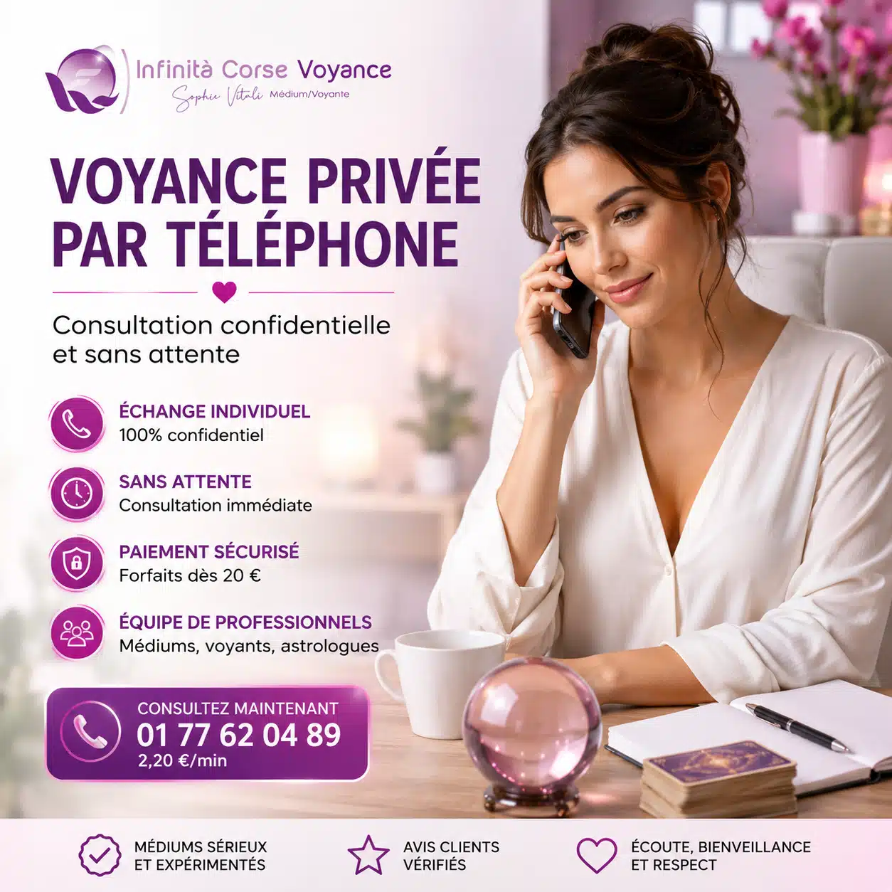 Voyance privée par téléphone avec Sophie Vitali, consultation confidentielle et sans attente chez Infinità Corse Voyance.