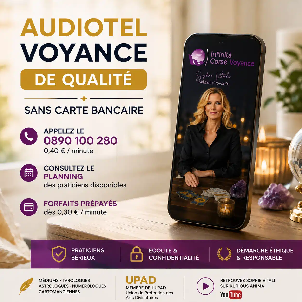 Audiotel voyance de qualité sans CB avec Sophie Vitali, planning des praticiens et forfaits prépayés Infinità Corse Voyance