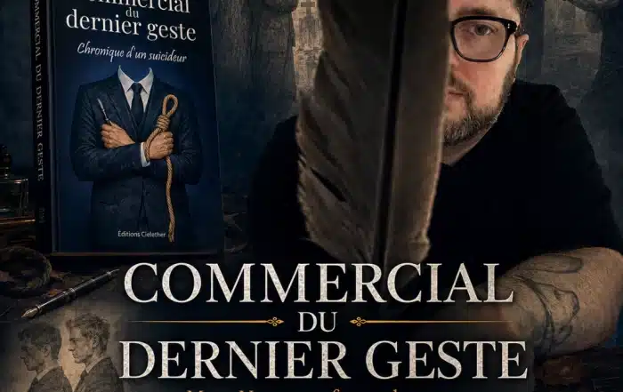 Visuel du roman Commercial du dernier geste de Marc Neu avec le portrait de l’auteur, la couverture du livre et les personnages de la dystopie
