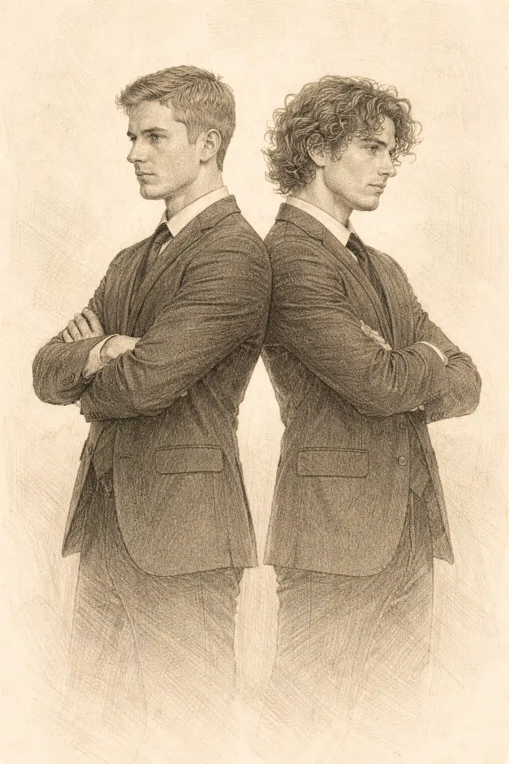 Illustration de Maa et Nair en costume, dos à dos, dans Commercial du dernier geste