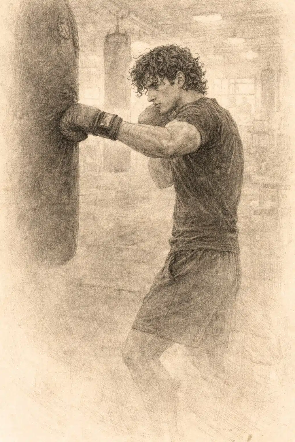 Illustration d’un personnage frappant un sac de boxe dans l’univers de Commercial du dernier geste