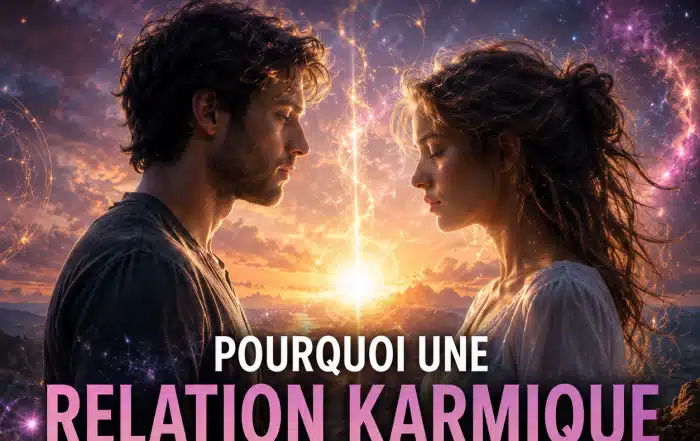 Illustration d’un homme et d’une femme reliés par une lumière spirituelle au coucher du soleil, symbolisant le retour d’une relation karmique après plusieurs années.