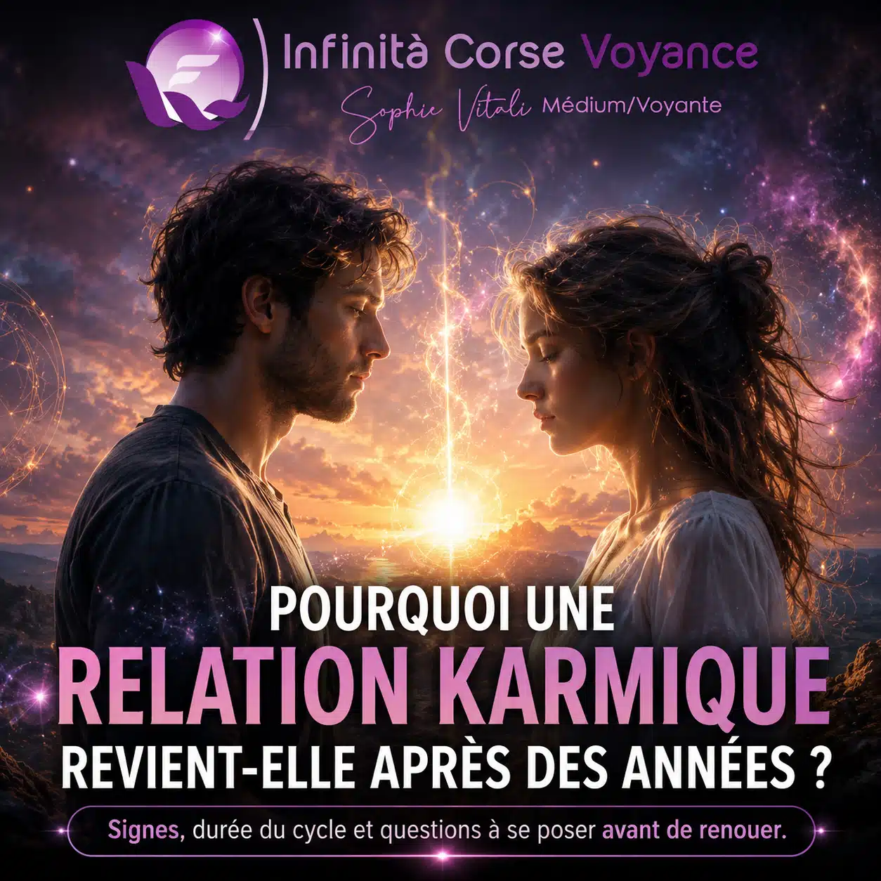Illustration d’un homme et d’une femme reliés par une lumière spirituelle au coucher du soleil, symbolisant le retour d’une relation karmique après plusieurs années.