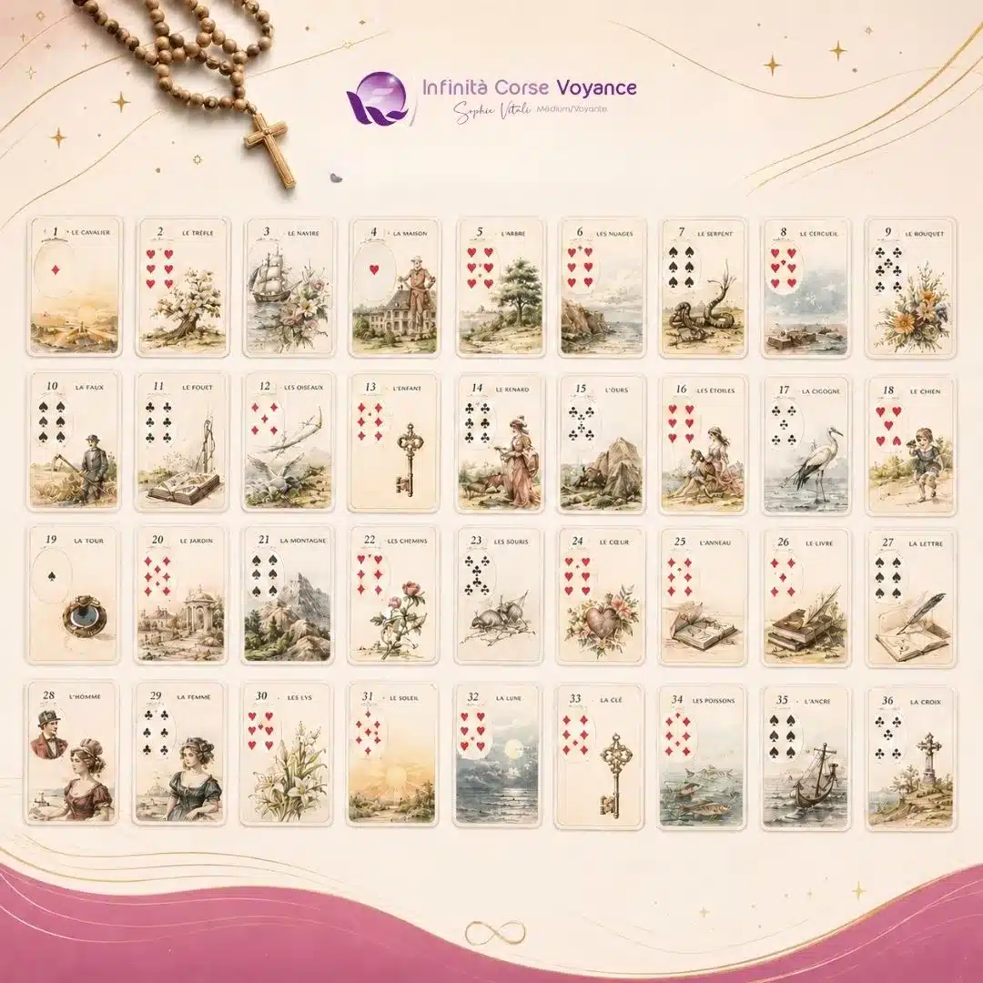 Tableau complet des 36 cartes du Petit Lenormand avec leurs illustrations, de Cavalier à Croix, sur fond blanc et rose spirituel.