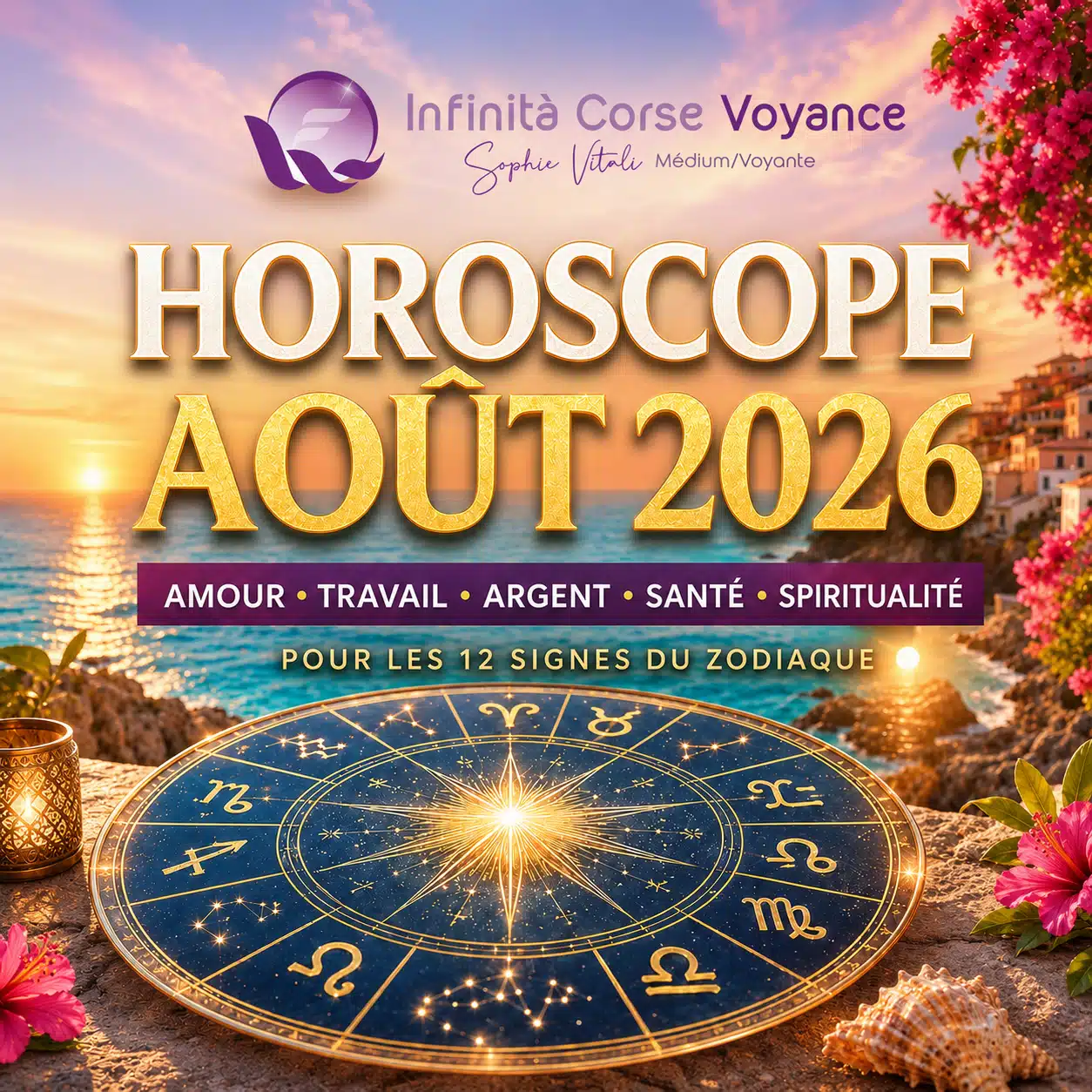 Image principale de l’horoscope août 2026 pour les 12 signes du zodiaque avec prévisions en amour, travail, argent, santé et spiritualité par l’astrologue du cabinet Infinità Corse Voyance.